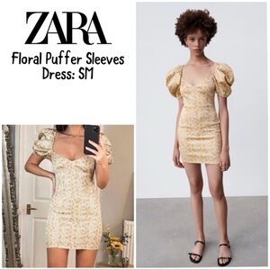 Zara Floral Puffer Sleeves Bodycon Dress: SM